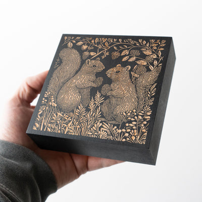 Squirrel Couple Engraved Birch Wood Panel