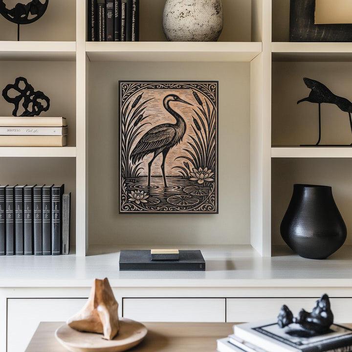 Crane In the Lily Pond Engraved Birch Illustration