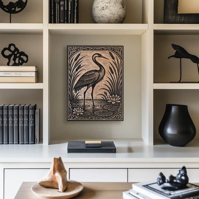 Crane In the Lily Pond Engraved Birch Illustration