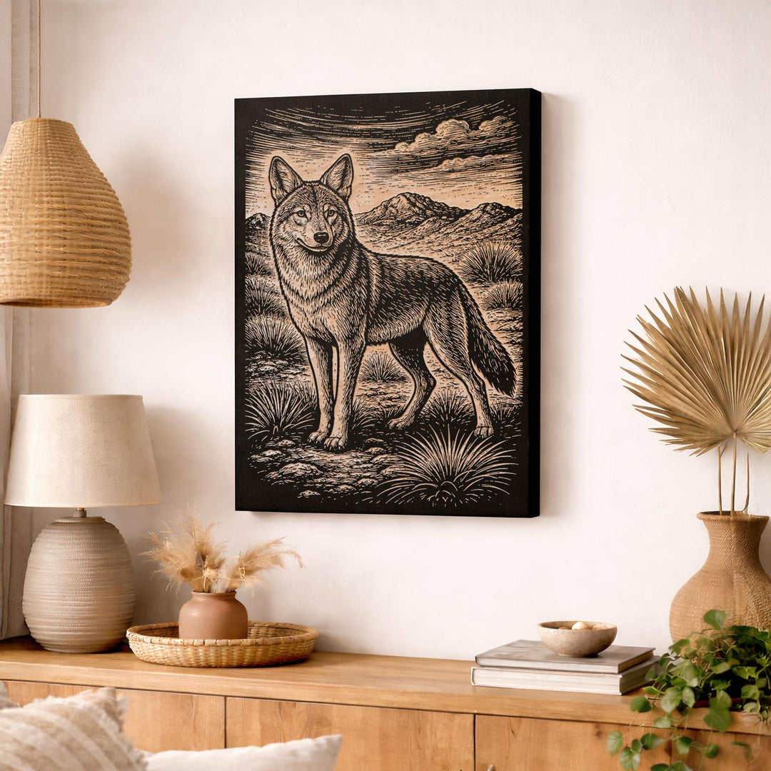 Coyote in Desert Engraved Birch Art Panel