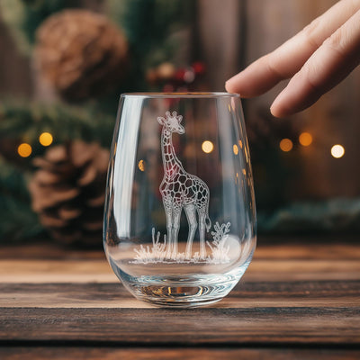 Giraffe Glasses | Personalized Safari Whiskey, Wine & Beer Etched Glassware Gift, African Wildlife Themed Drinkware, Memorable Trip Gift.