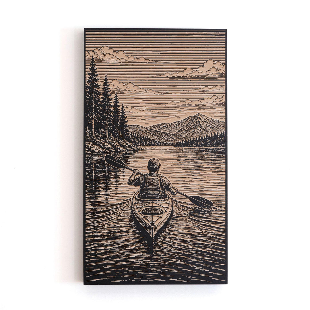 Kayaker Paddling Open Lake Engraved Illustration