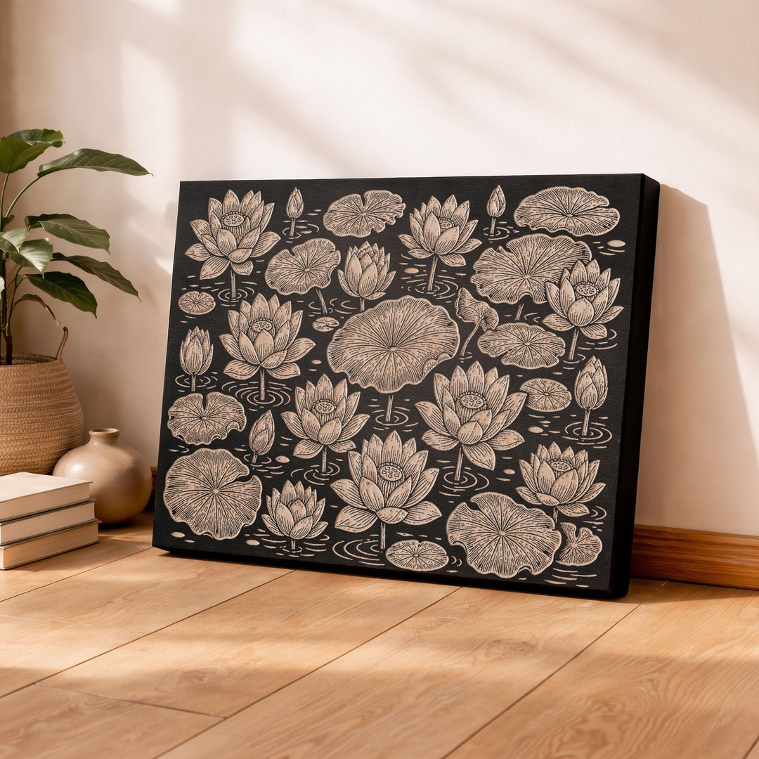 Lotus and Lily Pads Engraved Birch Art Panel