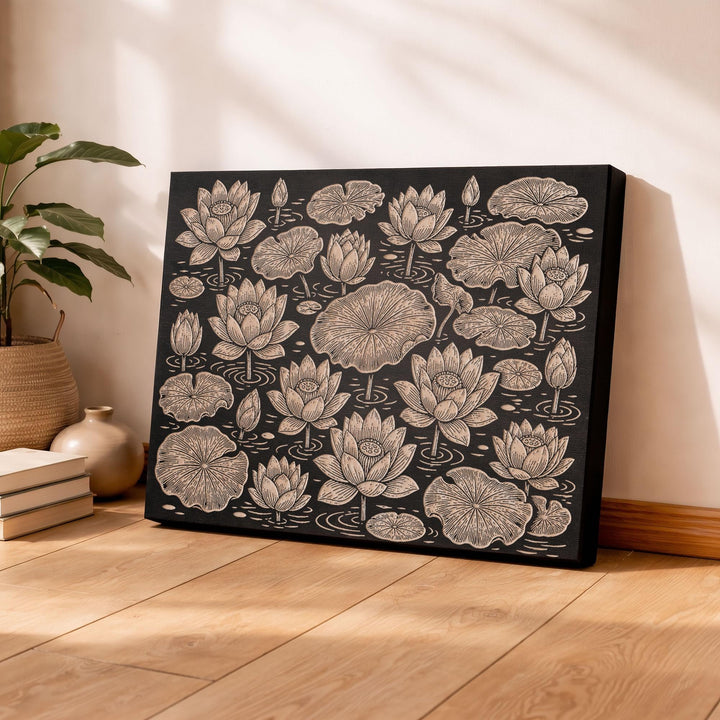 Lotus and Lily Pads Engraved Birch Art Panel