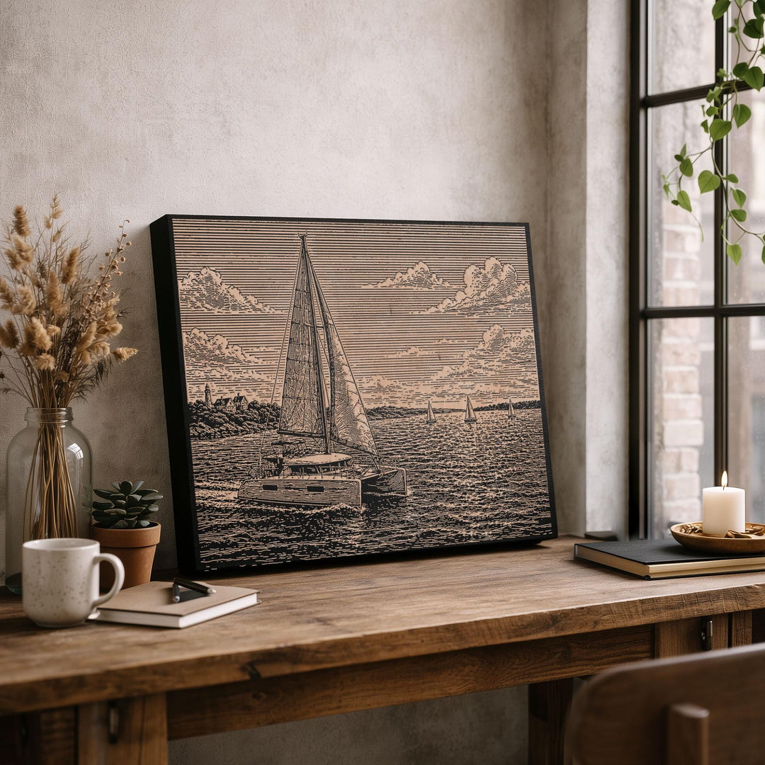Catamaran Sailboat Engraved Illustration