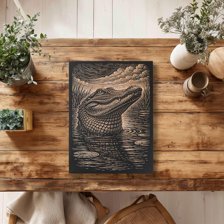 Alligator Rising from Marsh Water Engraved Birch Art Panel