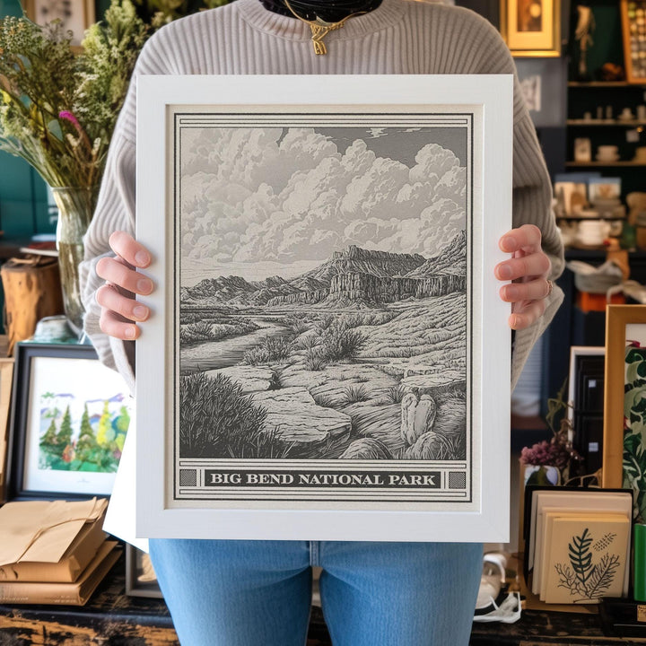Big Bend Lithograph Style Print - Vintage Texas archival matte fine art print. Chisos mountain range. Rio Grand Chihuahuan Desert. West Gift