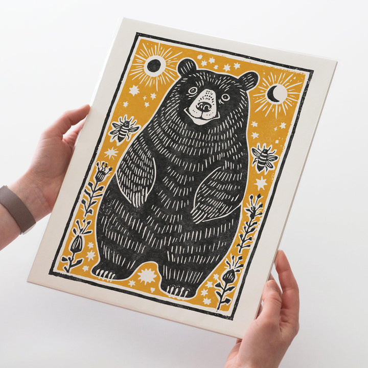 Bear &amp; Bees Linocut Print