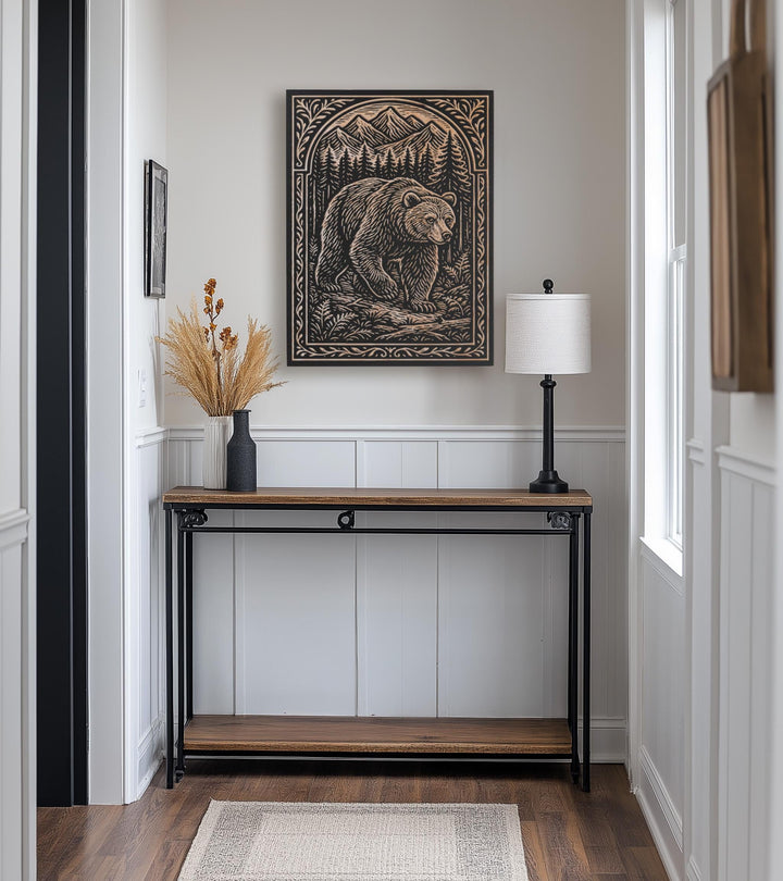 Bear in the Mountains Engraved Birch Illustration