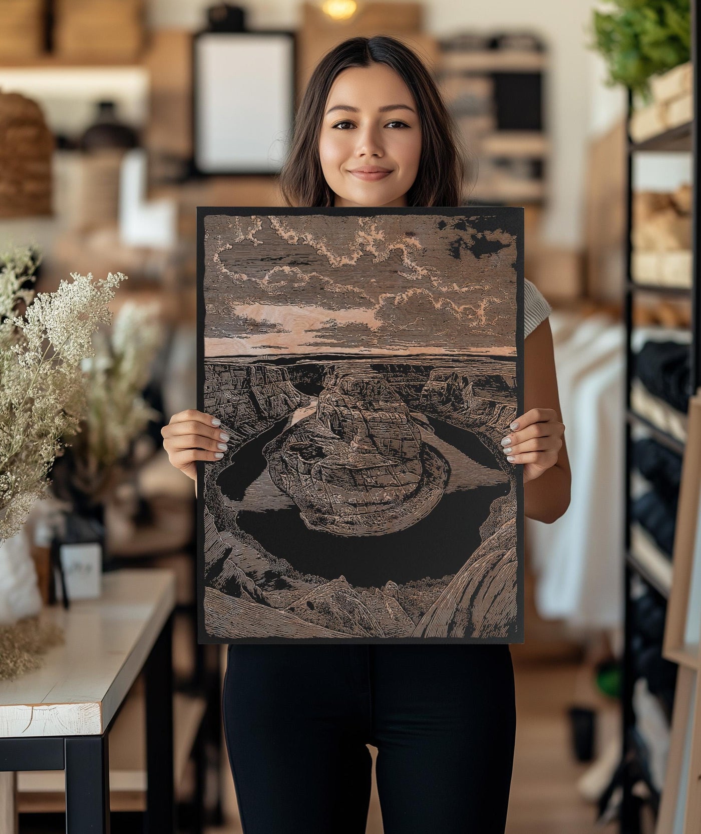 Horseshoe Bend Scene Engraved Illustration