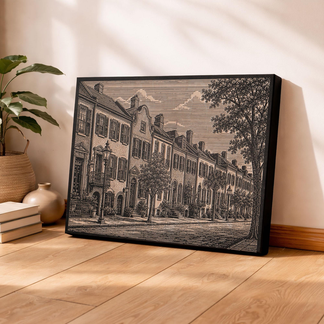 Charleston Rainbow Row Engraved Birch Art Panel