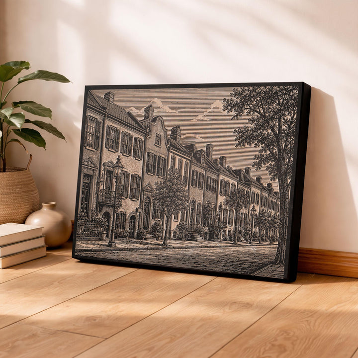 Charleston Rainbow Row Engraved Birch Art Panel