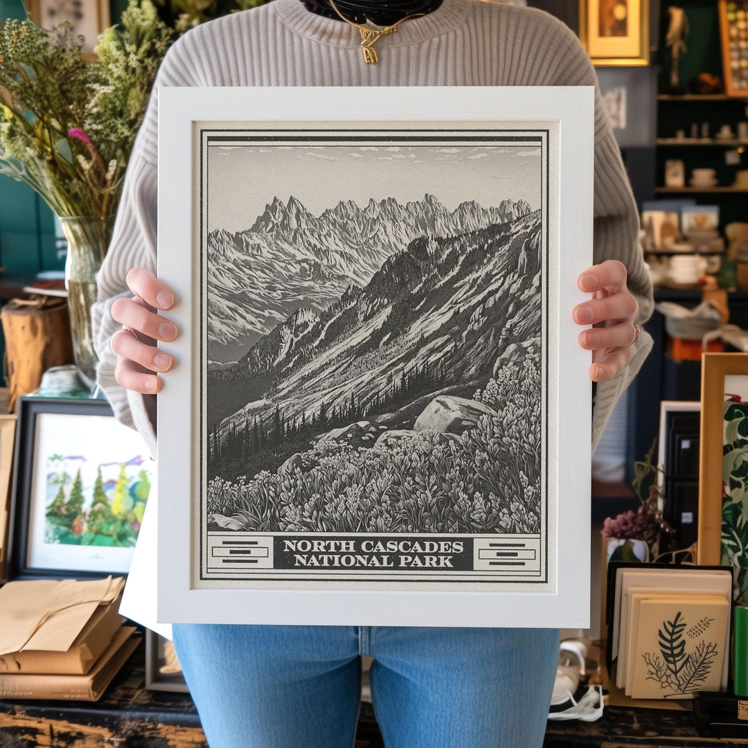 North Cascades National Park Lithograph Style Print - Vintage Washington archival matte fine art print Gift. Thunder Creek Boats dot Ross