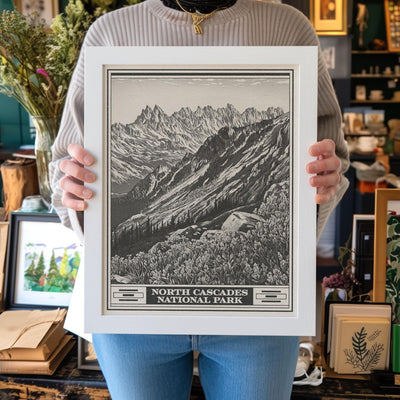 North Cascades National Park Lithograph Style Print - Vintage Washington archival matte fine art print Gift. Thunder Creek Boats dot Ross