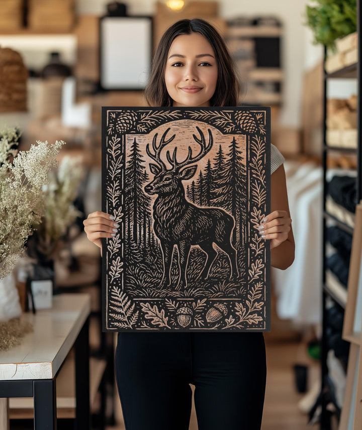 Deer in the Forest Engraved Birch Illustration