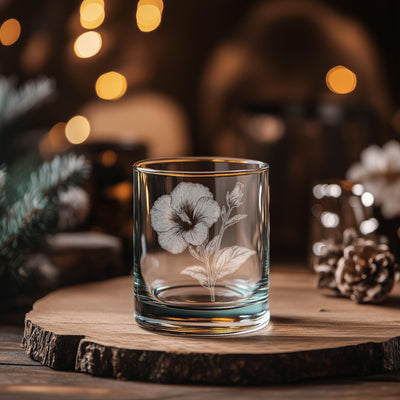 Hibiscus Glasses | Personalized Whiskey, Wine & Beer Etched Glassware, Flower Gifts for Her, Farmhouse Summer Décor, Country Style Accents