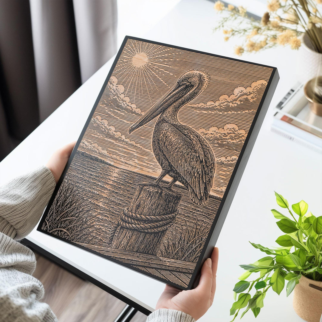 Pelican by the Seaside Dock Engraved Birch Art Panel