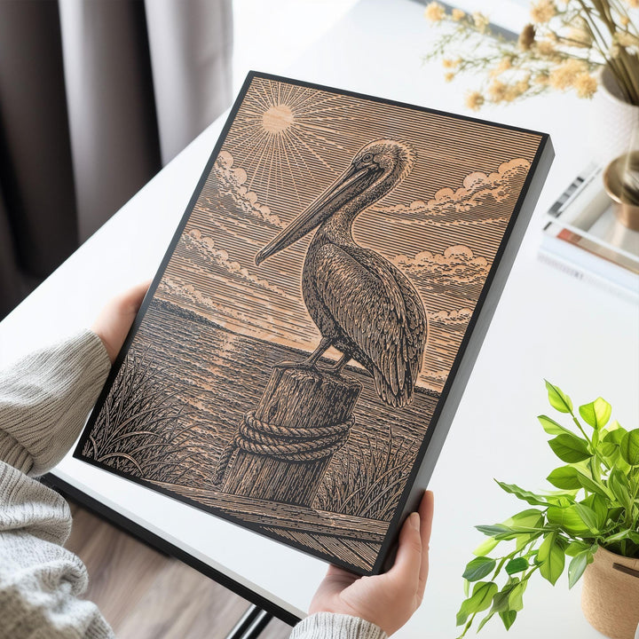 Pelican by the Seaside Dock Engraved Birch Art Panel