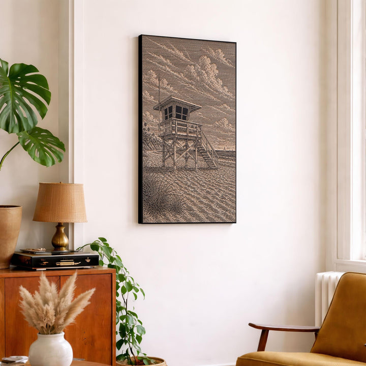 Coastal Lifeguard Tower Engraved Illustration
