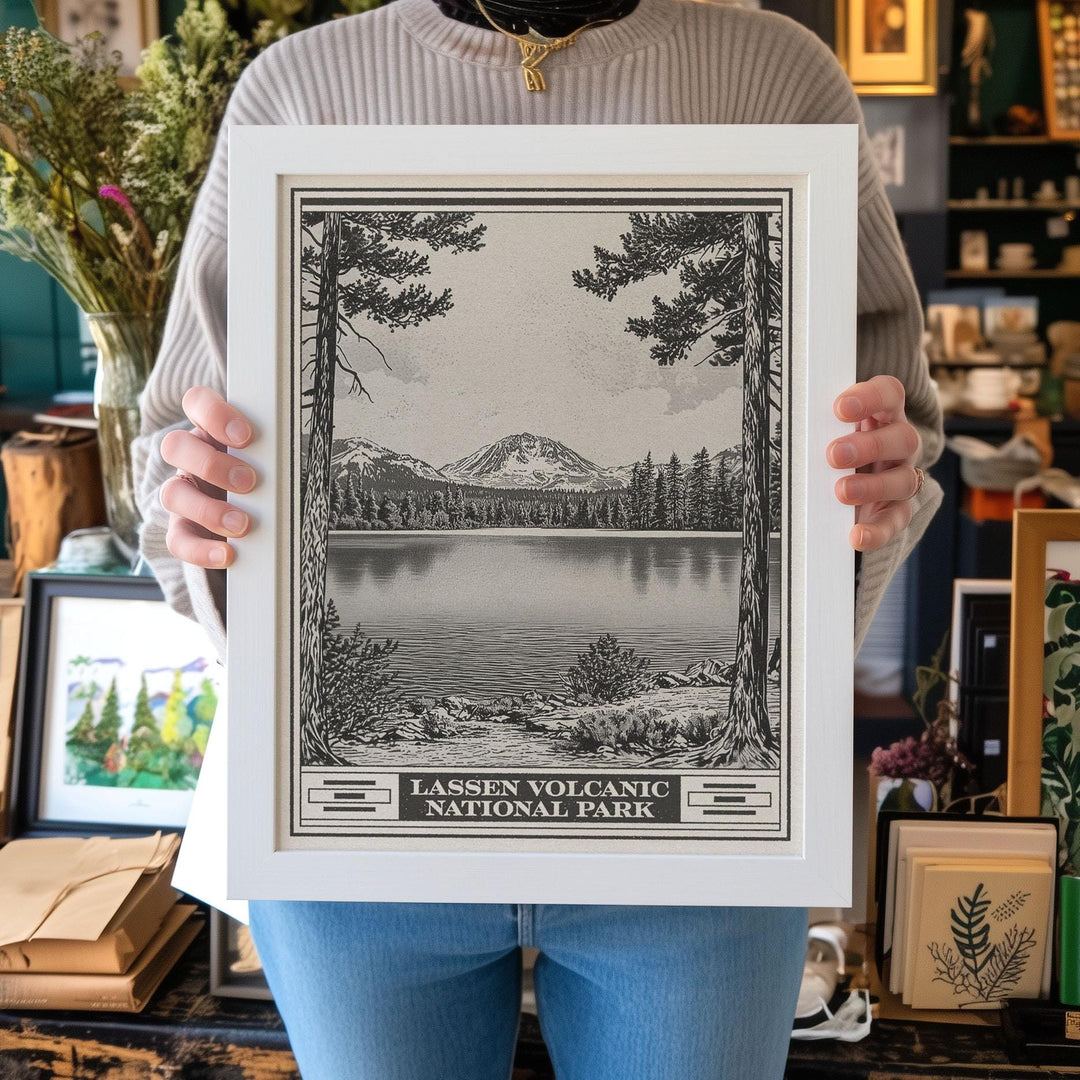 Lassen Volcanic National Park Lithograph Style Print - Vintage California archival matte fine art print. Lake Helen Shasta Cascade Gift