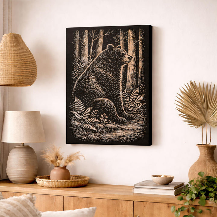 Black Bear in Forest Engraved Birch Art Panel