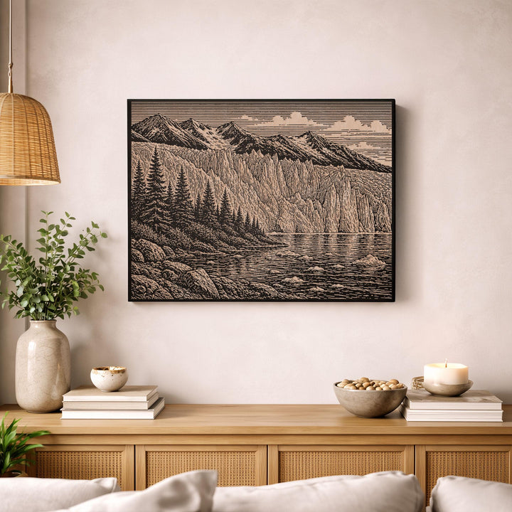 Glacier and Spruce Shore Engraved Birch Art Panel