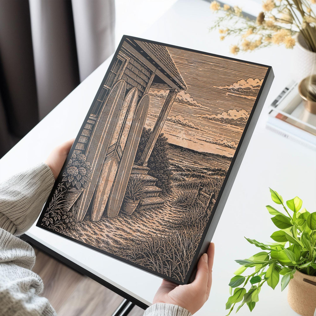 Surfboards by the Beach Cottage Engraved Illustration