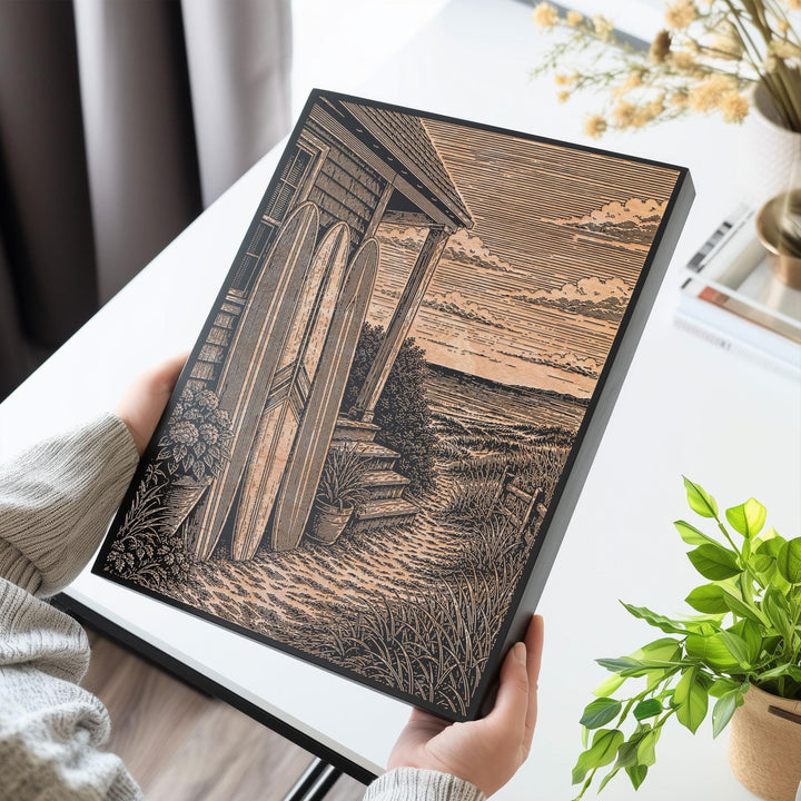 Surfboards by the Beach Cottage Engraved Illustration