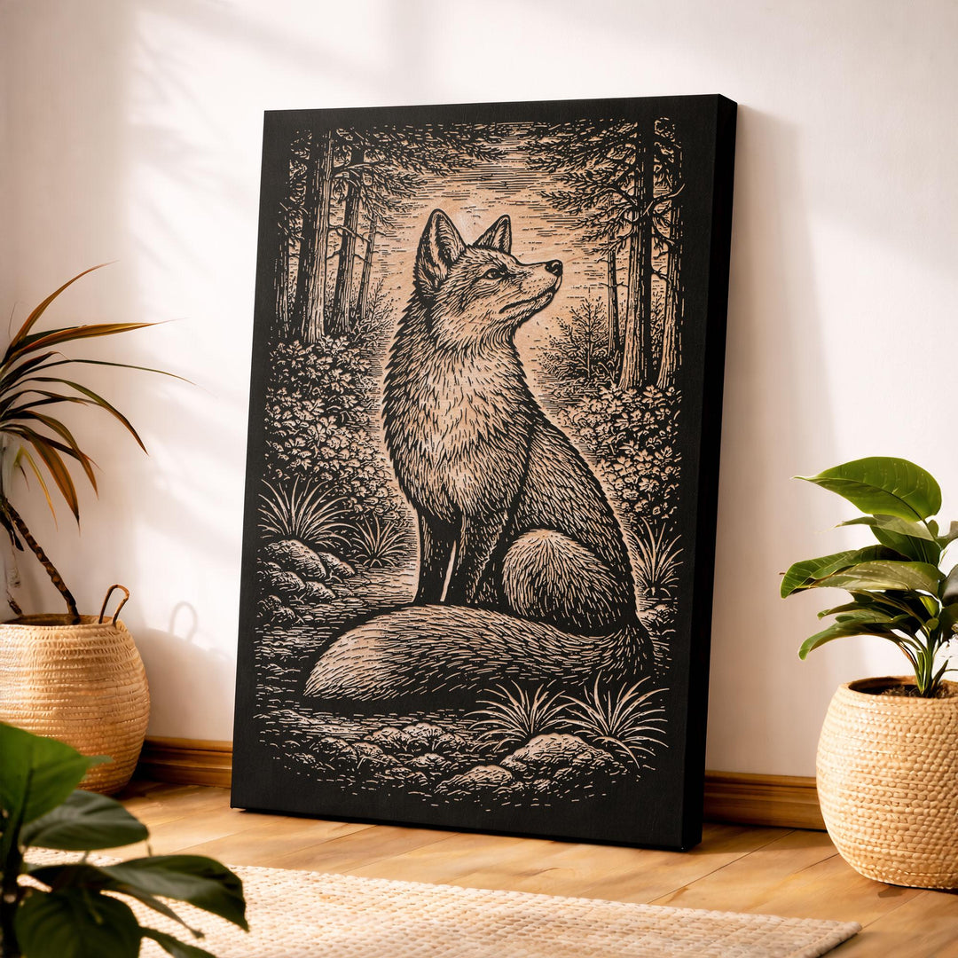 Alert Red Fox in Woodland Setting Engraved Birch Art Panel