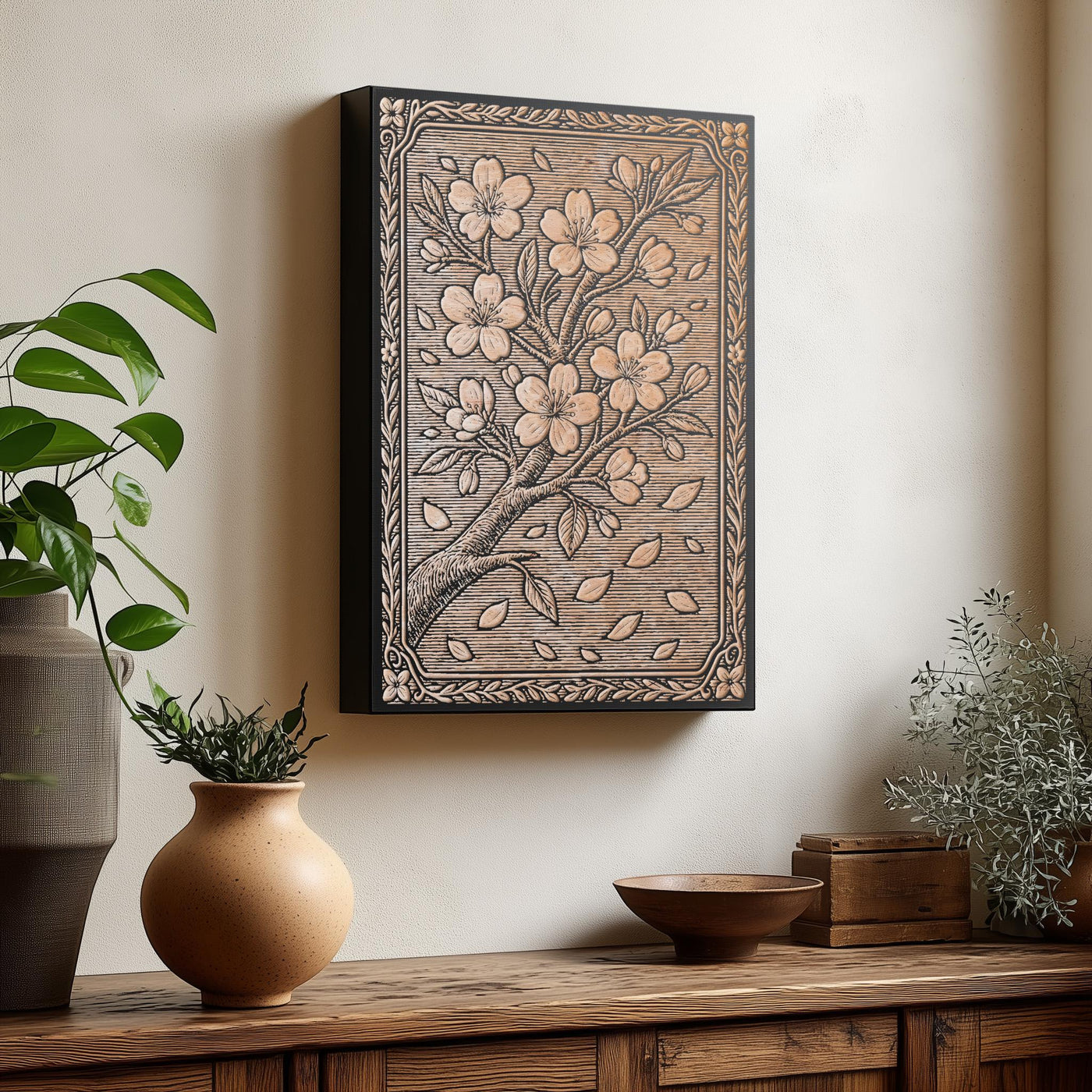 Cherry Blossom Branch Engraved Birch Illustration