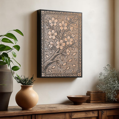 Cherry Blossom Branch Engraved Birch Illustration