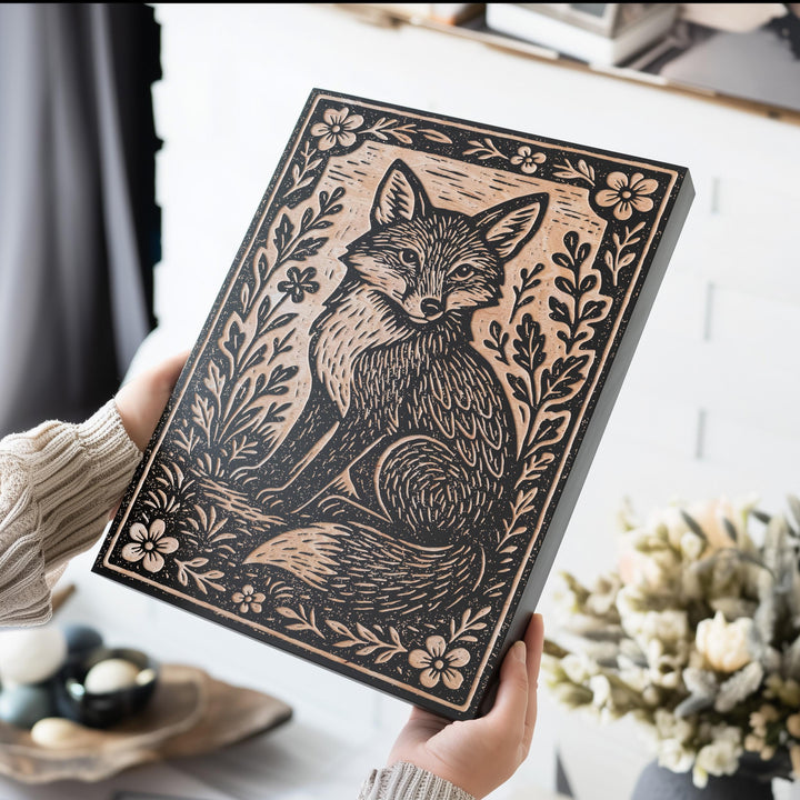 Fox in Wildflowers Engraved Birch Illustration