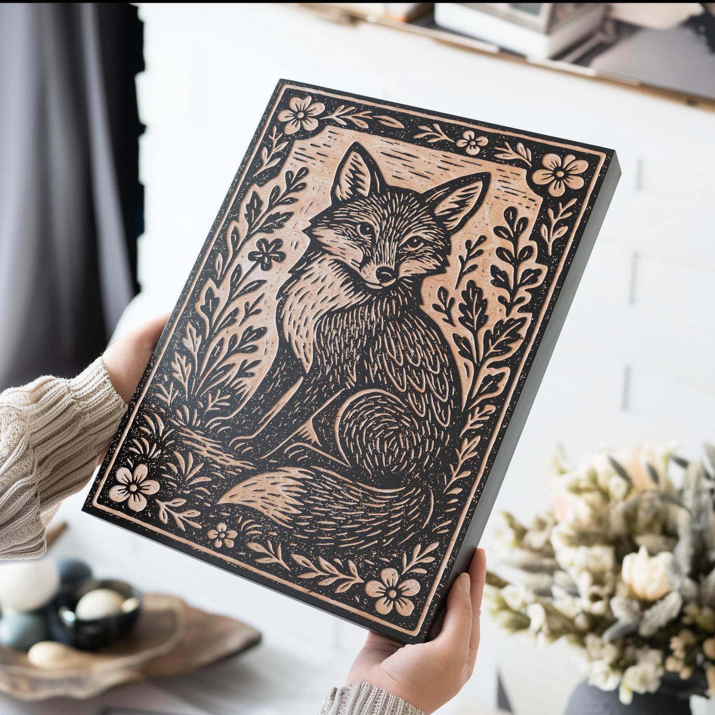 Fox in Wildflowers Engraved Birch Illustration