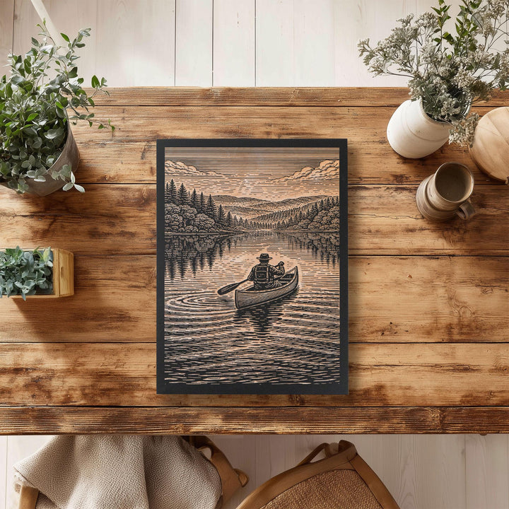 Canoe Paddling Through a Peaceful Forest Engraved Illustration