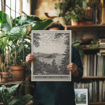 Crater Lake Park Lithograph Style Print - Vintage Oregon archival matte fine art print. Cascade Mountains Mount Mazama Wizard Island Gift.