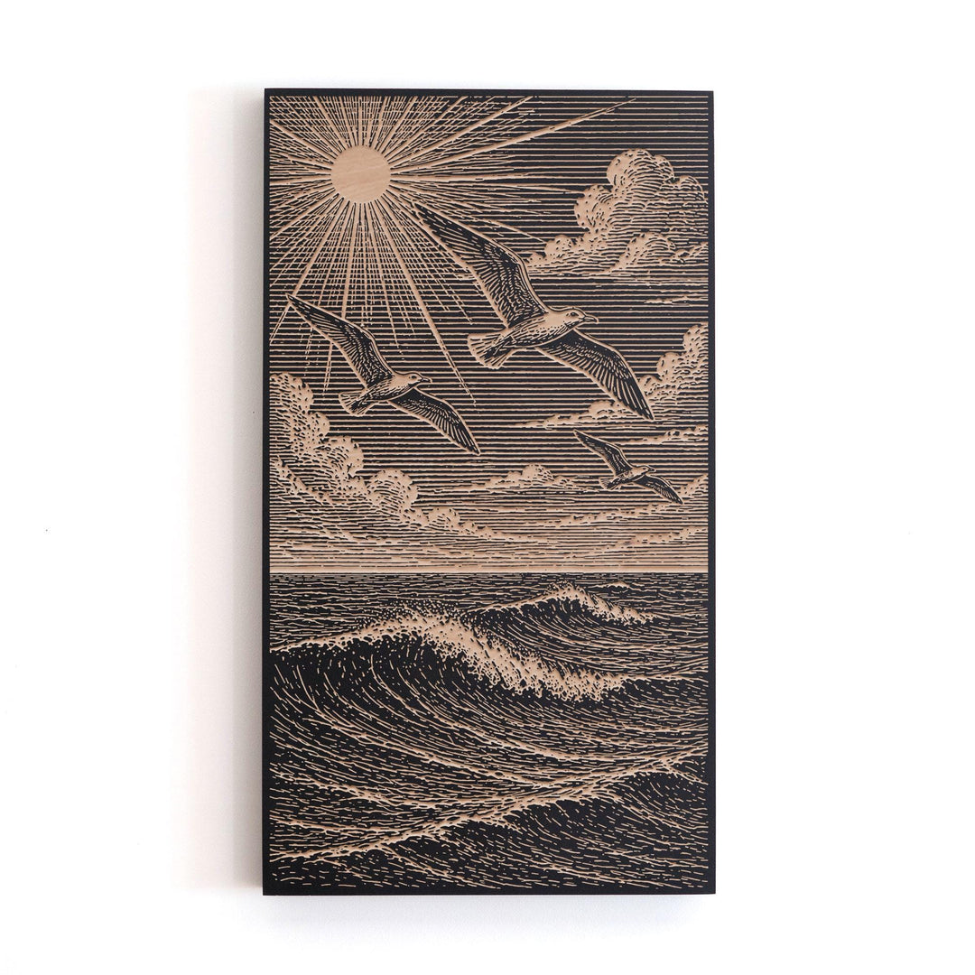 Seagulls Over a Dramatic Seascape Engraved Birch Art Panel