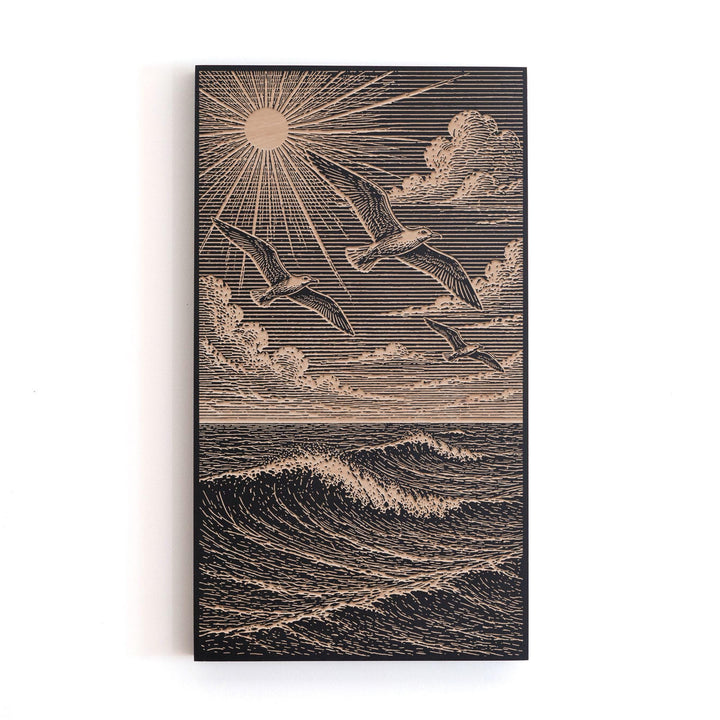 Seagulls Over a Dramatic Seascape Engraved Birch Art Panel