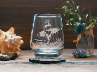 Surfer Babe Glasses | Vintage Beach Themed Whiskey, Wine & Beer Glassware, Ocean Nautical Summer Drinkware, Surfing Gift, Boho Home Decor