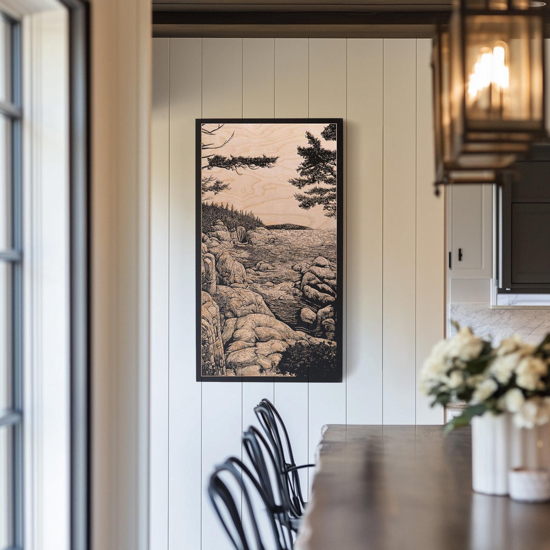 Acadia National Park Engraved Birch Wood Panel | Block Print Inspired Maine Wall Art, Nature Illustration, Coastal Scene Home Decor Gift.