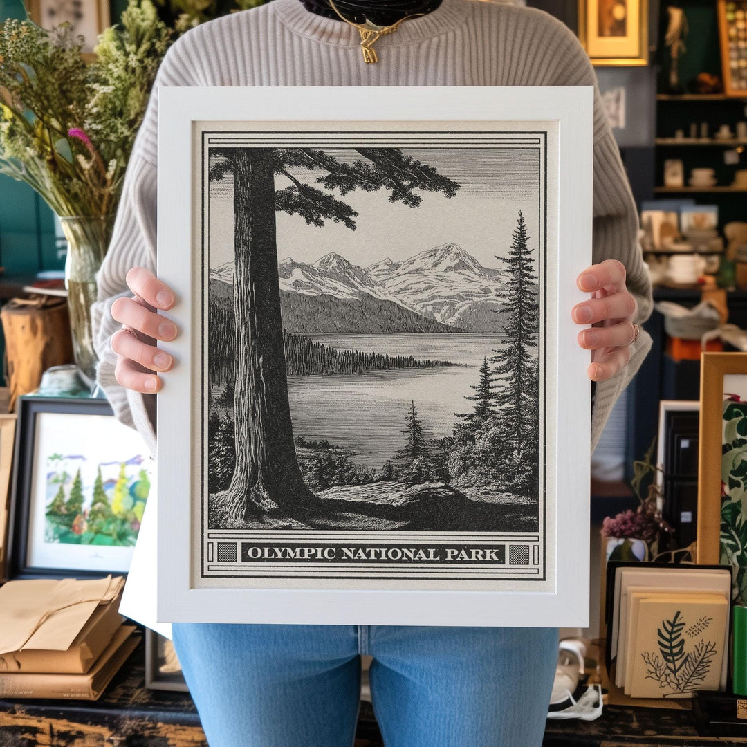 Olympic National Park Lithograph Style Print - Vintage Lake Crescent Washington archival matte fine art print. Wilderness gift for hikers.