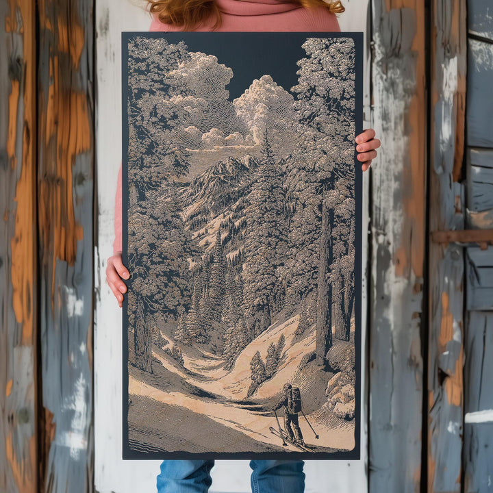 Skiing in the Trees Engraved Illustration