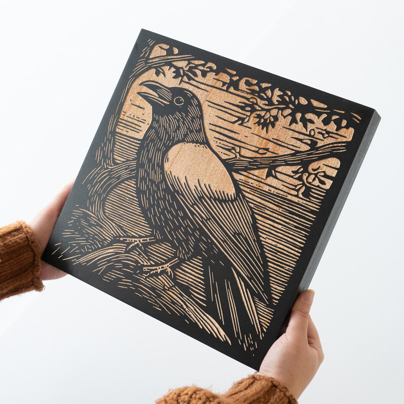 Crow Engraved Birch Wood Panel
