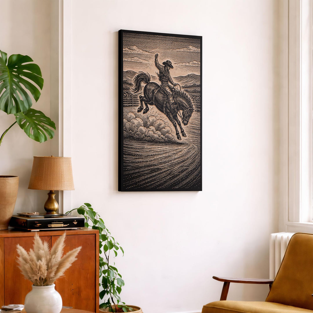 Bucking Bronco with Cowboy Engraved Illustration
