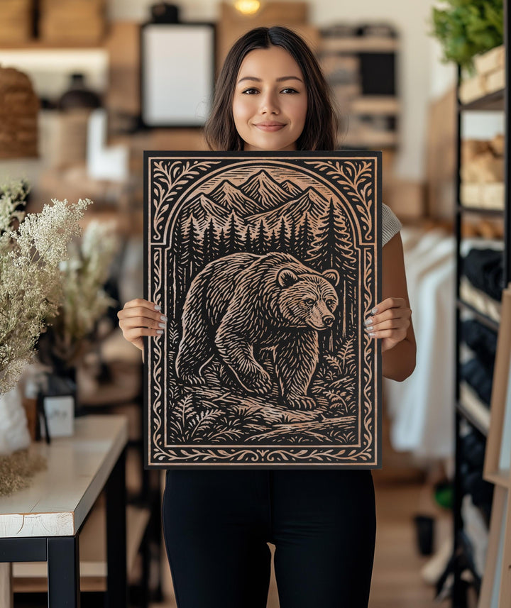 Bear in the Mountains Engraved Birch Illustration