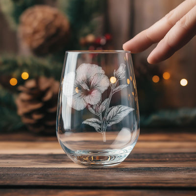Hibiscus Glasses | Personalized Whiskey, Wine & Beer Etched Glassware, Flower Gifts for Her, Farmhouse Summer Décor, Country Style Accents