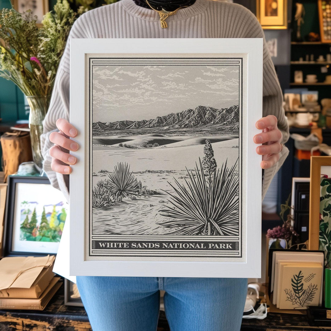 White Sands National Park Lithograph Style Print - Vintage New Mexico archival matte fine art print. Tularosa Basin Gypsum Dune. Travel Gift