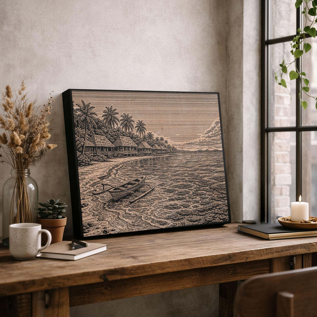 Fiji Coastal Village Engraved Birch Art Panel