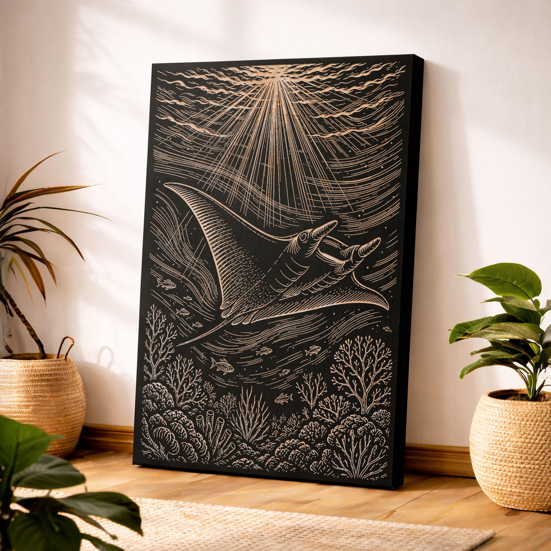 Manta Ray Over Coral Reef Engraved Birch Art Panel
