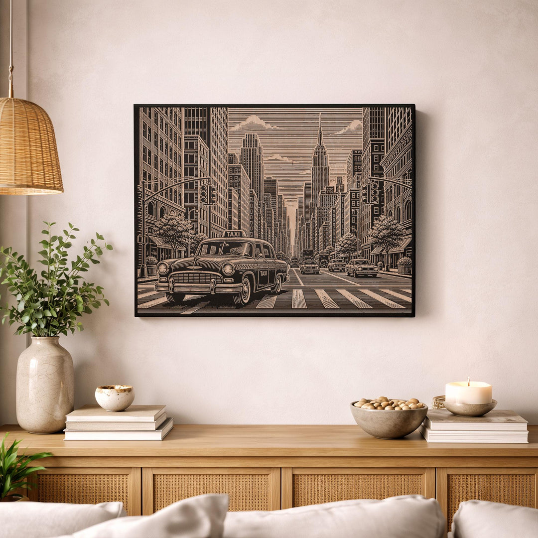 NYC Taxi Cab Engraved Birch Art Panel