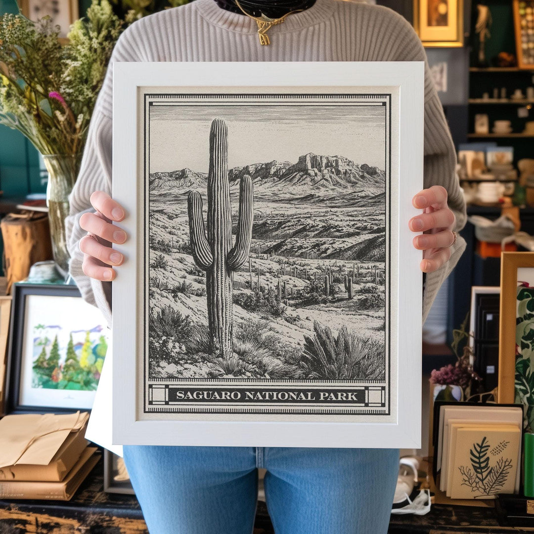 Saguaro National Park Lithograph Style Print - Vintage Arizona archival matte fine art print. Saguaro Cactus Desert Gift. Rincon Mountain.